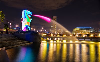 l'eau, la ville, le pont, le merlion, de la figure, de singapour, de la fontaine, la nuit, le soir, la lumière