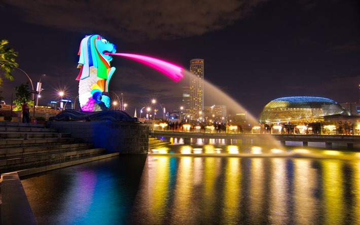 el agua, la ciudad, el puente, el merlion, la figura, de singapur, de la fuente, noche, luz