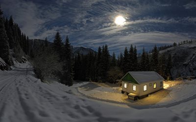 村, ウクライナの村, carpathians, ウクライナ, 冬, 雪, 夜
