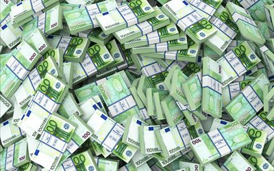muito dinheiro, maços de dinheiro, euro, dinheiro 3d, montanha de dinheiro