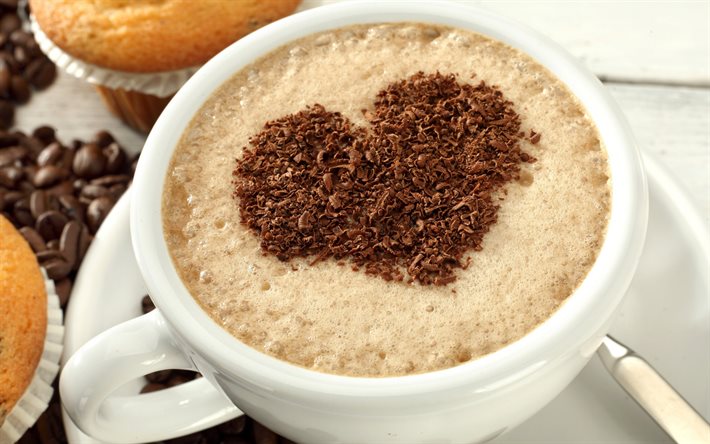 coração, uma xícara de café, latte art