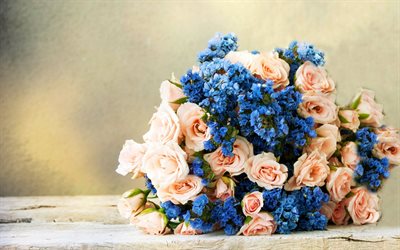 bouquet de roses, bleuets, un bouquet de roses, roses roses, de voloshky