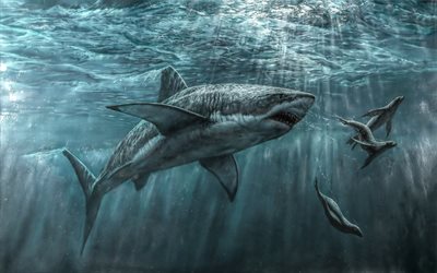 drawn shark, predator, seals, underwater world, hijack