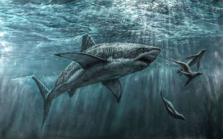 drawn shark, predator, seals, underwater world, hijack