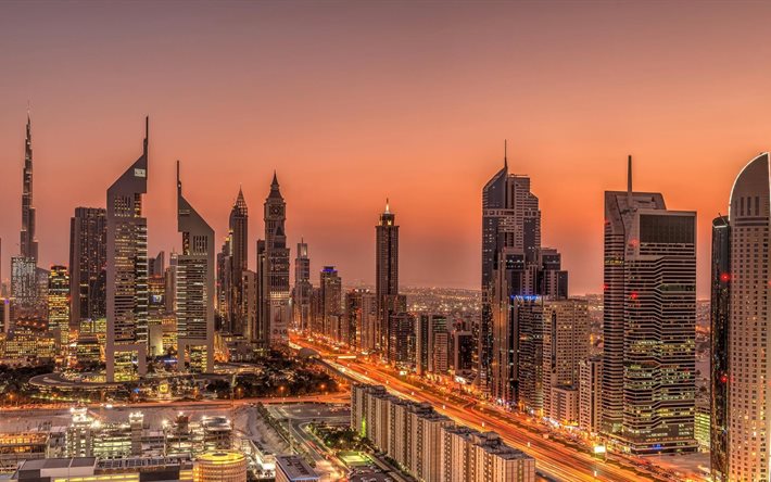 दुबई, रात, गगनचुंबी इमारतों, संयुक्त अरब अमीरात