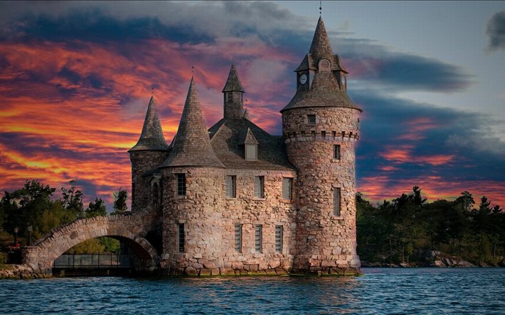 coucher de soleil, la rivière, l'étang, le vieux château, le soir