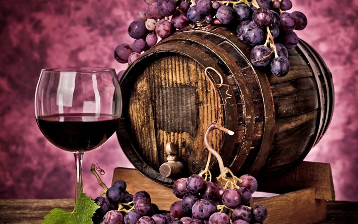 uvas, vinho, barril de vinho, um copo de vinho