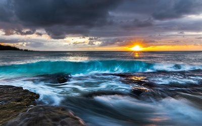 the dawn of the sun, morning, the ocean, wave, blue wave, storm