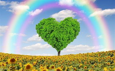 ökologische konzepte, regenbogen, sonnenblumen, frühling, baum, herz, liebe den planeten