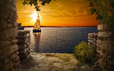 river, yacht, sunset pier
