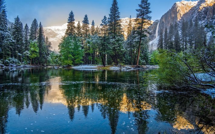 california, usa, the end of winter, rock, the lake, forest, winter, morning, yosemite