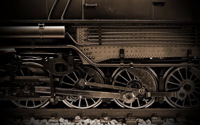 la ferrovia, la vecchia locomotiva, le ruote della locomotiva, il vecchio protag