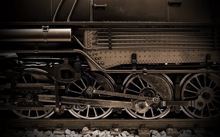 railway, old locomotive, the wheels of the locomotive, the old protag