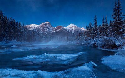 o lago, canadá, montanhas, noite, alberta, inverno, noite de inverno