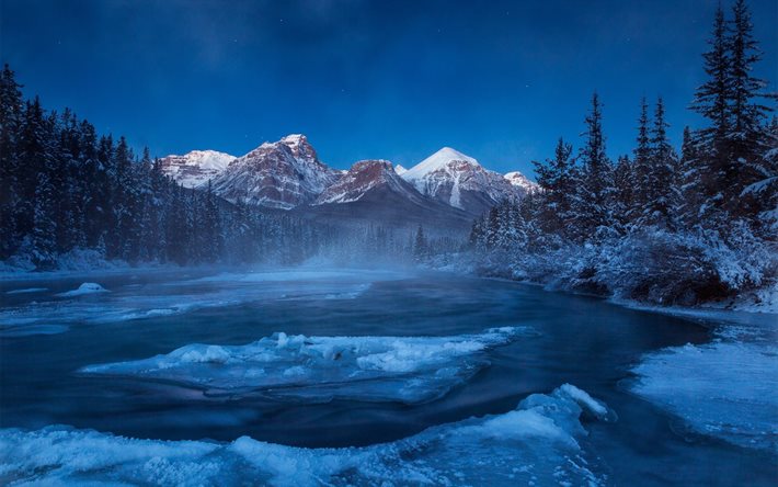 lake, Kanada, dağlar, gece, alberta, kış, kış gecesi