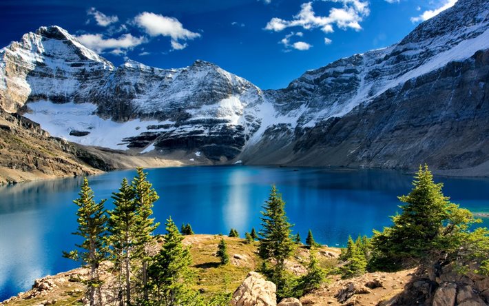 the lake, mountains, snow, summer, canada