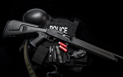 helmet, chaleco, rifle, la policía uniforms, mossberg 930, gun