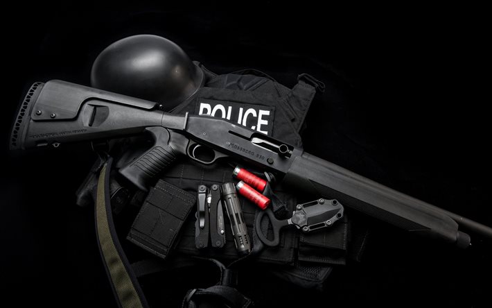 hjälm, väst, gevär, polisuniformer, mossberg 930, pistol