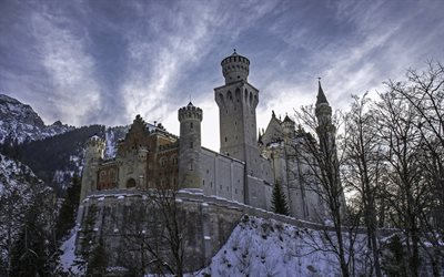 inverno, neve, castelo, neuschwanstein, os castelos da alemanha, castelo de neuschwanstein, bayern, alemanha