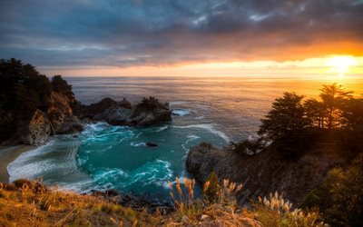 l'oceano, mcway falls, tramonto, oceano, costa, alba, california