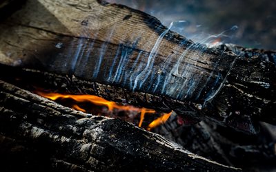 una grabación de la pieza de madera, ardiente de madera, el humo, el fuego, la llama de la pieza de madera, dim