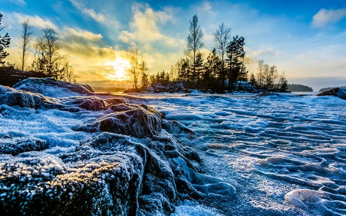 تامبيري, الشتاء, غروب الشمس, بحيرة, pirkanmaa, فنلندا
