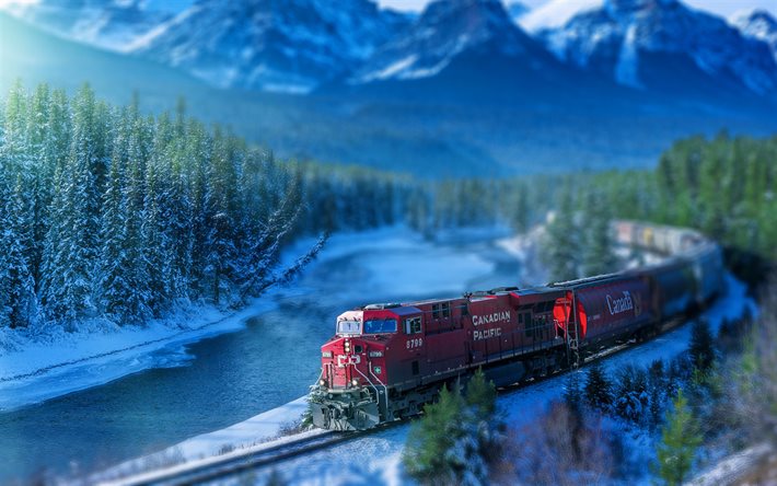 Bow river, train, winter, railway, Banff National Park, tilt-shift, mountains, Alberta, Canada