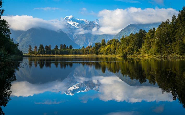New Zealand, mountains, lake, forest, blue sky, cloud