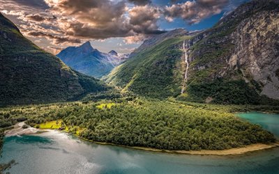 noruega, lago, vikane, vale, floresta, pôr do sol, sogn og fjordane