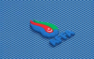 4k, logo isometrico della nazionale di calcio dell'azerbaigian, arte 3d, arte isometrica, nazionale di calcio dell'azerbaigian, sfondo blu, azerbaigian, calcio, emblema isometrico