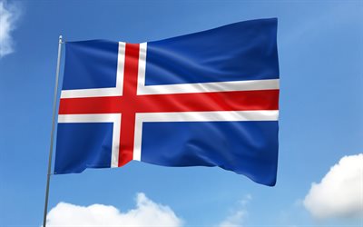 깃대에 아이슬란드 국기, 4k, 유럽 ​​국가, 파란 하늘, 아이슬란드의 국기, 물결 모양의 새틴 플래그, 아이슬란드 국기, 아이슬란드 국가 상징, 깃발이 달린 깃대, 아이슬란드의 날, 유럽, 아이슬란드