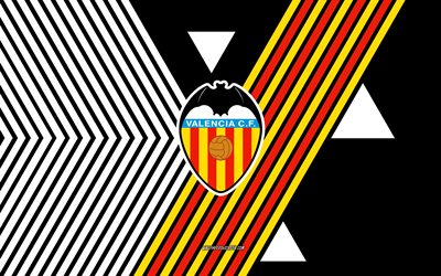 logo del valencia cf, 4k, squadra di calcio spagnola, sfondo di linee bianche nere, valencia cf, la liga, spagna, linea artistica, emblema del valencia cf, calcio, valencia fc