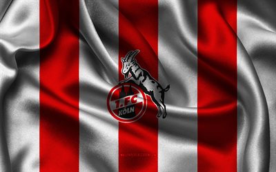 4k, logotipo do fc koln, tecido de seda branco vermelho, time de futebol alemão, emblema do fc colônia, bundesliga, fc colônia, alemanha, futebol, bandeira do fc colônia