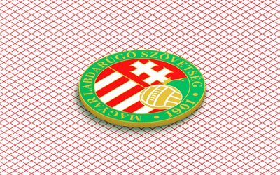 4k, Hungary national football team isometric logo, 3d art, isometric art, Hungary national football team, red background, Hungary, football, isometric emblem