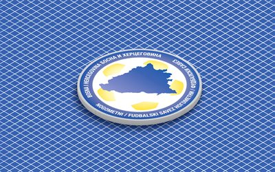 4k, logotipo isométrico del equipo nacional de fútbol de bosnia y herzegovina, arte 3d, arte isometrico, selección de fútbol de bosnia y herzegovina, fondo azul, bosnia y herzegovina, fútbol, emblema isométrico