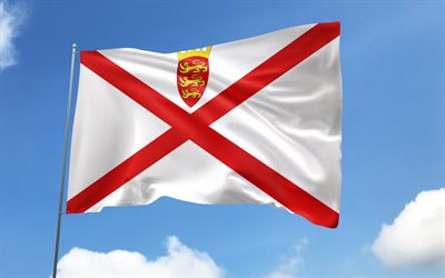Jersey flag on flagpole, 4K, European countries, blue sky, flag of Jersey, wavy satin flags, Jersey flag, Jersey national symbols, flagpole with flags, Day of Jersey, Europe, Jersey