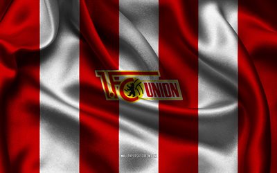 4k, logotipo del fc union berlín, tela de seda blanca roja, equipo de fútbol alemán, emblema del fc unión berlín, bundesliga, fc unión berlín, alemania, fútbol, bandera del rb leipzig