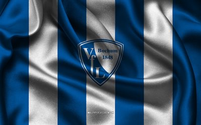 4k, logo vfl bochum, tessuto di seta bianco blu, squadra di calcio tedesca, emblema del vfl bochum, bundesliga, vfl bochum, germania, calcio, bandiera vfl bochum