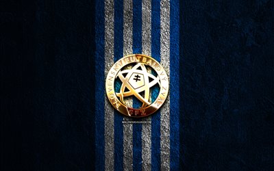 logotipo dorado de la selección de fútbol de eslovaquia, 4k, fondo de piedra azul, uefa, selecciones nacionales, logotipo de la selección de fútbol de eslovaquia, fútbol, equipo de fútbol eslovaco, selección de fútbol de eslovaquia
