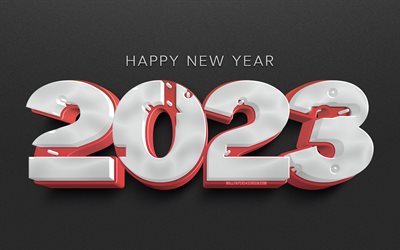 4k, 2023 سنة جديدة سعيدة, أرقام بيضاء ثلاثية الأبعاد, 2023 مفاهيم, شيوع, 2023 رقم ثلاثي الأبعاد, عام جديد سعيد 2023, خلاق, 2023 رقما أبيض, 2023 خلفية رمادية, 2023 سنة
