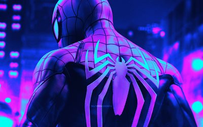 4k, hombre araña, vista trasera, ciberpunk, comics marvel, arte de fan, superhéroes, ciberpunk del hombre araña, fondos violetas, hombre araña 4k