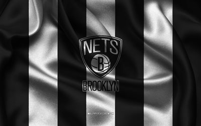 4k, logo des filets de brooklyn, tissu de soie noir blanc, équipe américaine de basket, emblème des brooklyn nets, nba, filets de brooklyn, etats unis, basket, drapeau des filets de brooklyn