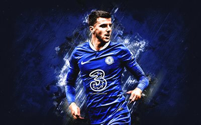 Mason Mount, Chelsea FC, portrait, English football player, midfielder, blue stone background, Premier League, England, football