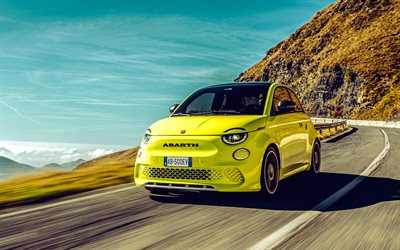2023, Fiat 500e Abarth, 4k, front view, exterior, yellow hatchback, yellow Fiat 500, electric Fiat 500, electric cars, italian cars, Fiat
