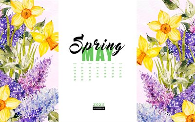 4k, calendario mayo 2023, fondo de primavera acuarela floral, 2023 calendarios de primavera, flores de acuarela, 2023 conceptos, mayo, fondo de primavera