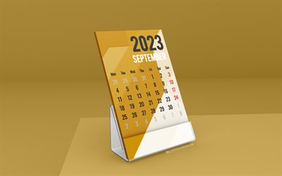 syyskuun 2023 kalenteri, 4k, seisovat pöytäkalenterit, syyskuu, 2023 kalenterit, oranssi pöytäkalenteri, oranssi pöytä, syyskuun kalenteri 2023, kesäkalentereita, vuoden 2023 pöytäkalenterit, 2023 syyskuun työkalenteri