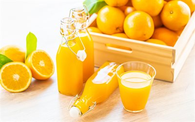 du jus d'orange, des fruits, des oranges, les agrumes, bouteilles de jus d'orange, notions de jus, boîte en bois avec des oranges