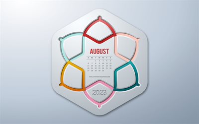 4k, calendrier août 2023, art infographique, août, calendrier d'infographie créative, concepts 2023, éléments infographiques