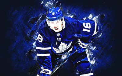 Mitch Marner, Toronto Maple Leafs, Canadian hockey player, portrait, blue stone background, NHL, USA, hockey