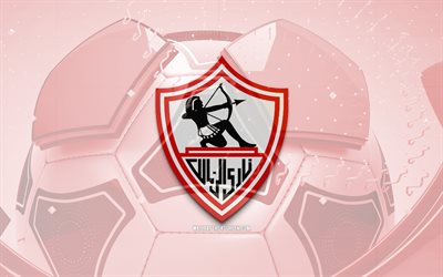 Zamalek SC glossy logo, 4K, red football background, Egyptian Premier League, soccer, egyptian football club, Zamalek SC 3D logo, Zamalek SC emblem, Zamalek SC, football, sports logo, Zamalek FC
